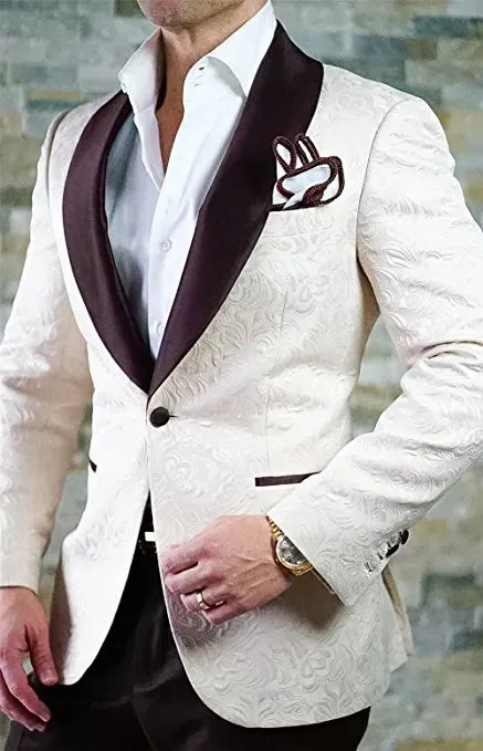 White Butterfly Jacquard Groom Tuxedos Embossed Three-dimensional Pattern Men's Blazer 2 Piece Suits Wedding Dress Prom Clothing Multi-color optional