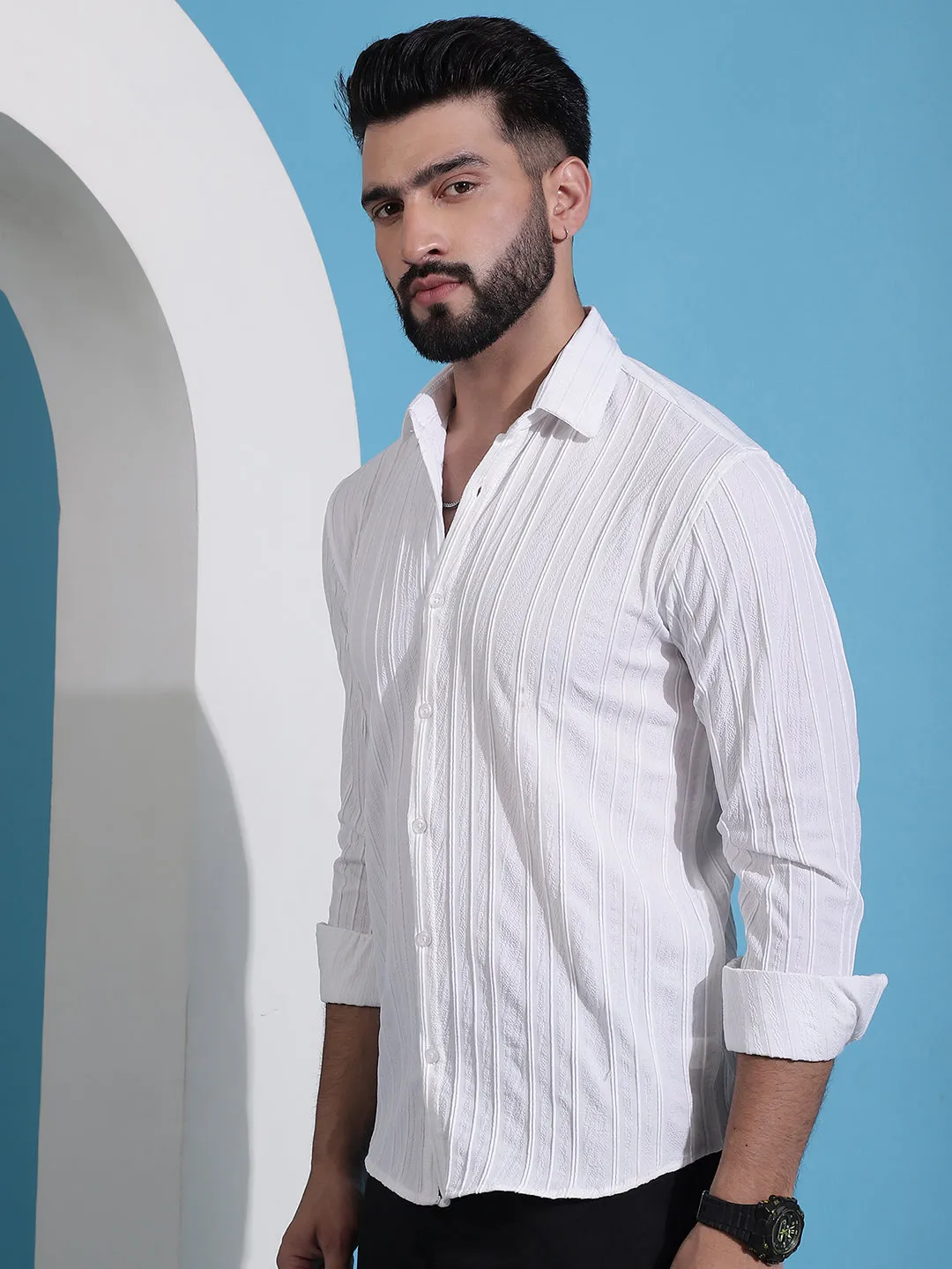 White Striped Casual Shirt For Mens.