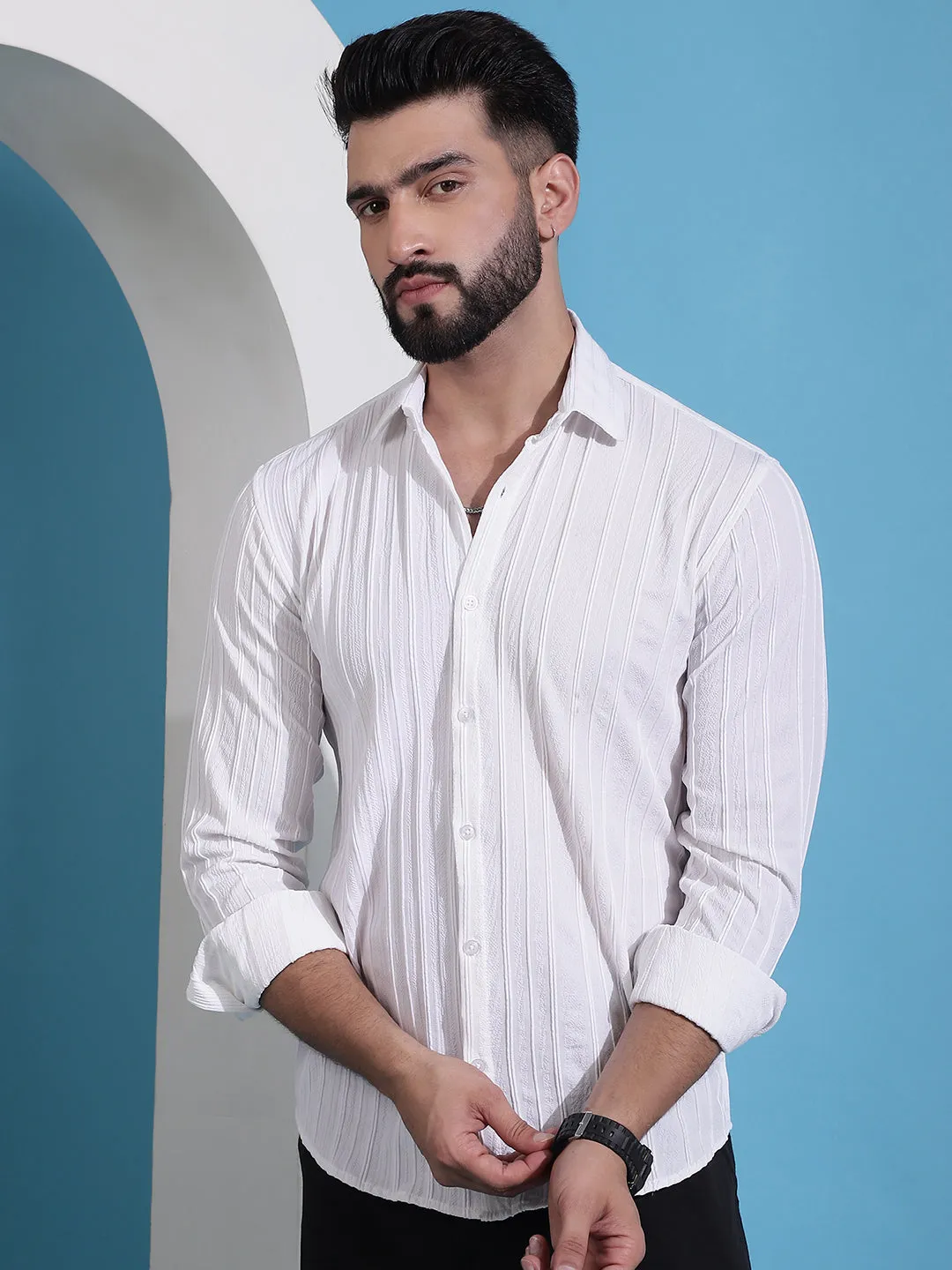 White Striped Casual Shirt For Mens.