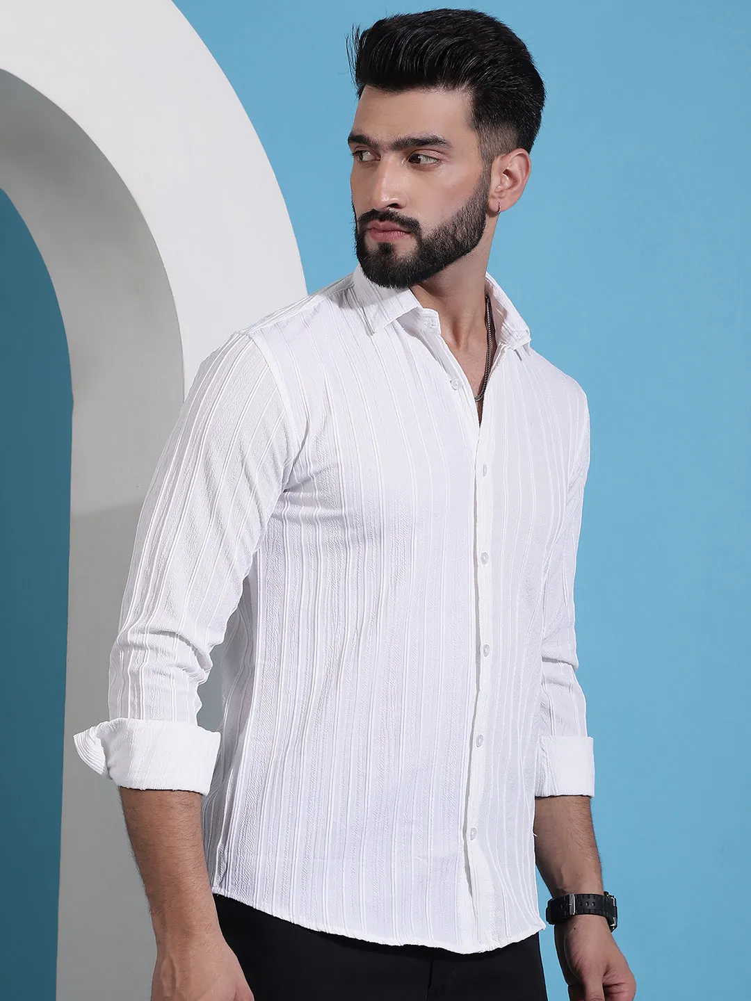 White Striped Casual Shirt For Mens.