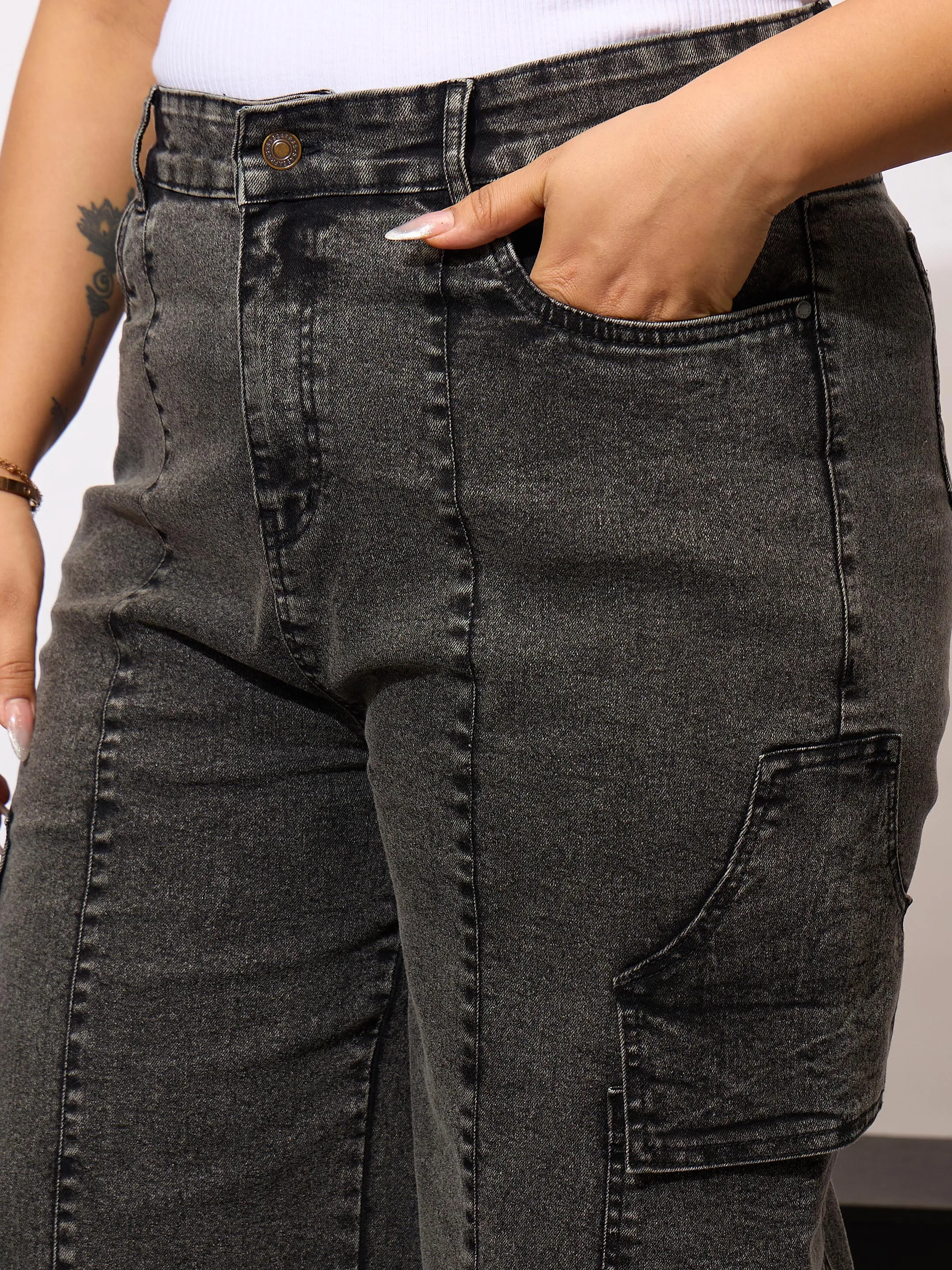 Women Black Denim Acid Wash Flap Pocket Cargo Jeans