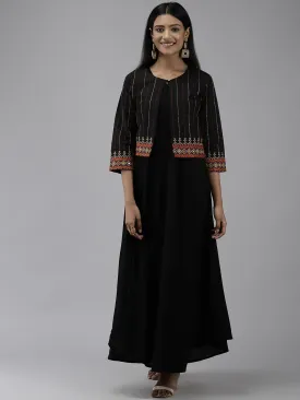 Women Black Ethnic A-Line Maxi Dress With Jacket