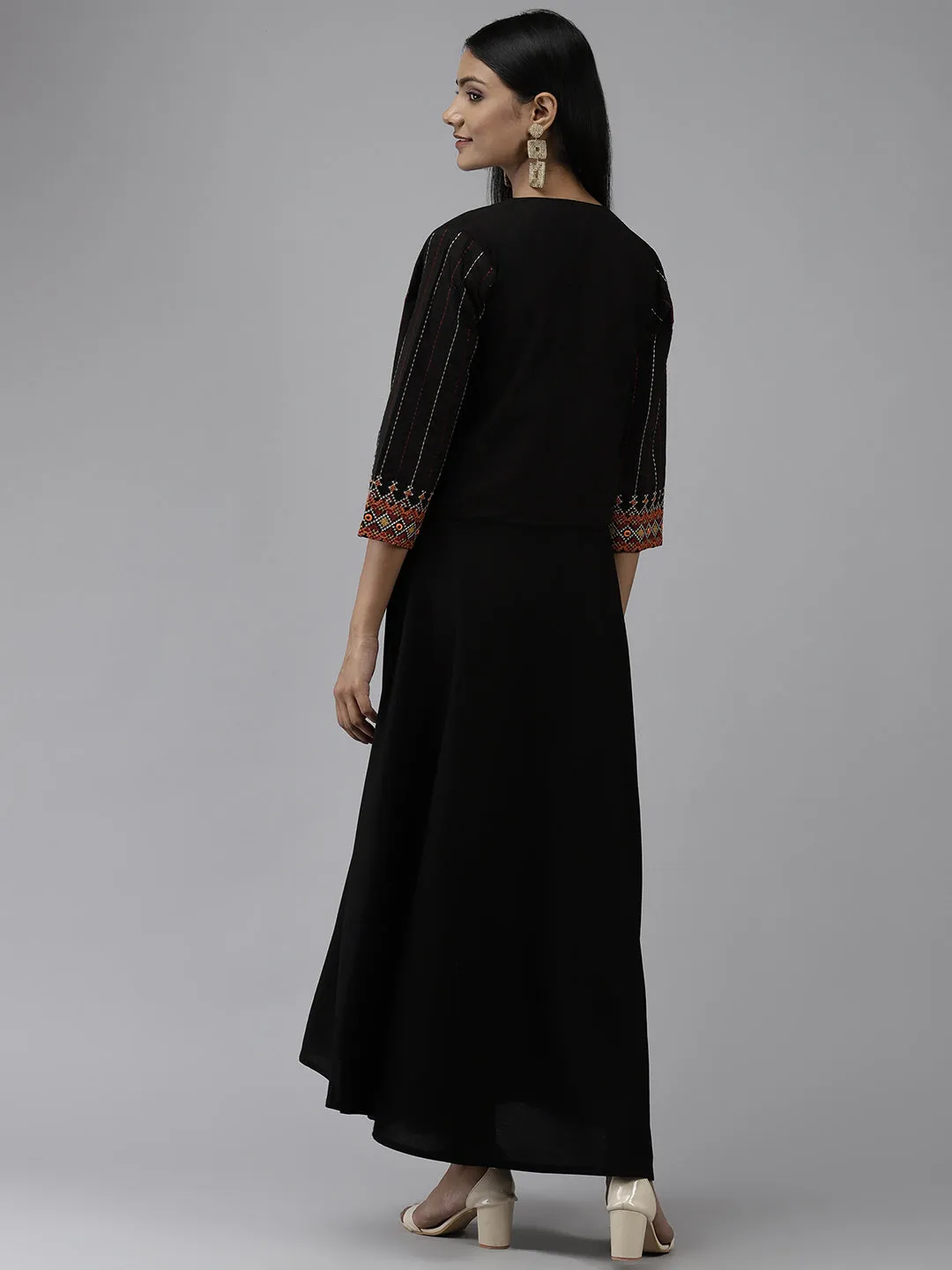 Women Black Ethnic A-Line Maxi Dress With Jacket