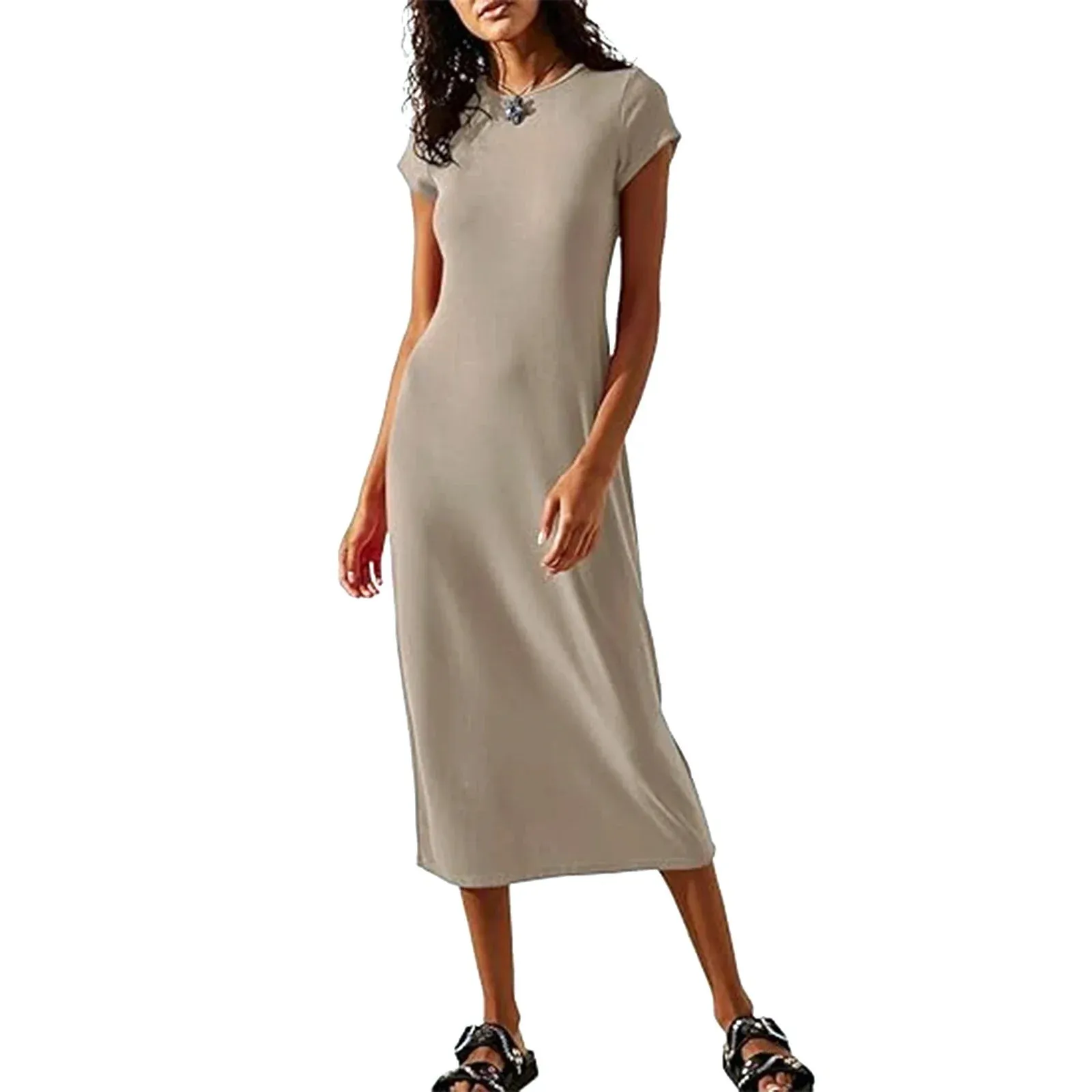 Women Cap Sleeve T-Shirt Casual Summer Stretchy Slim Fit Plain Shirt Midi Dress