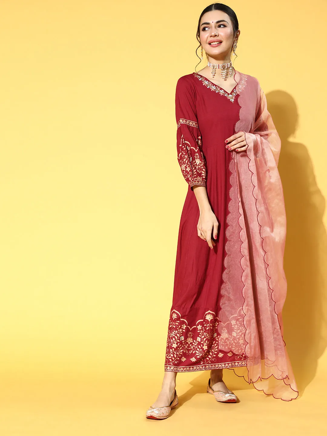 Women Maroon Floral Ethnic Maxi Dress With Dupatta