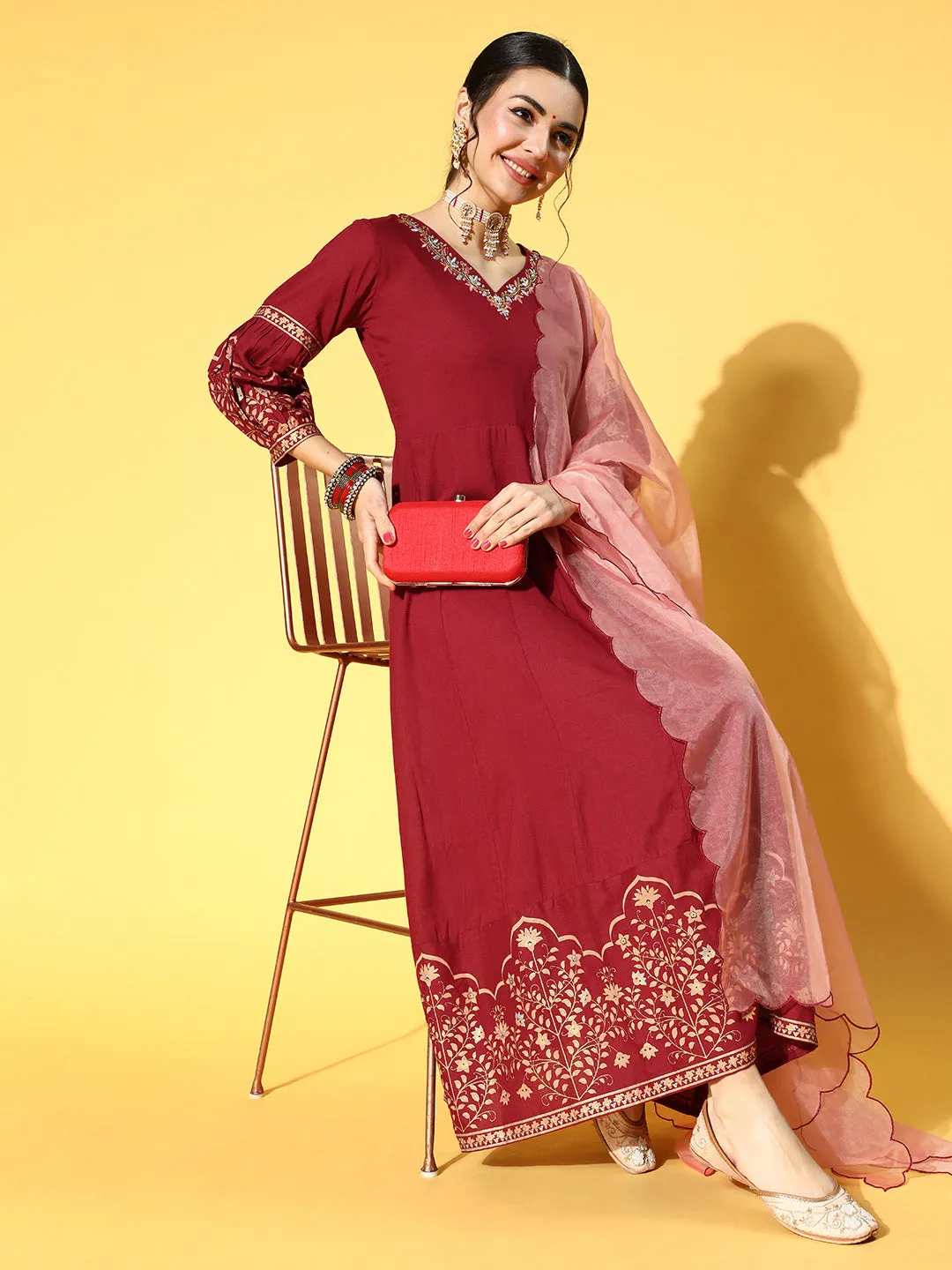 Women Maroon Floral Ethnic Maxi Dress With Dupatta