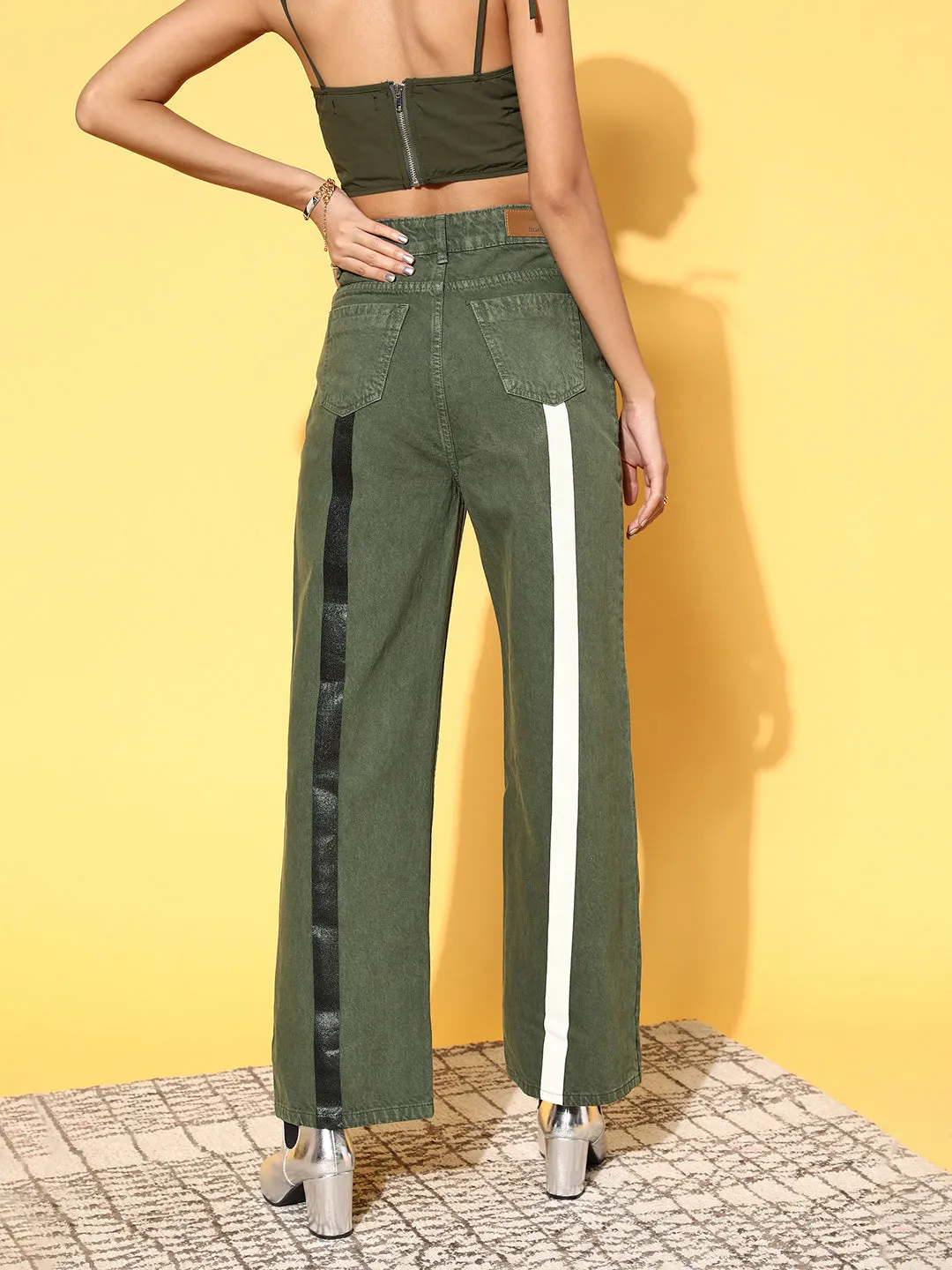 Women Olive Stripe Print Jeans