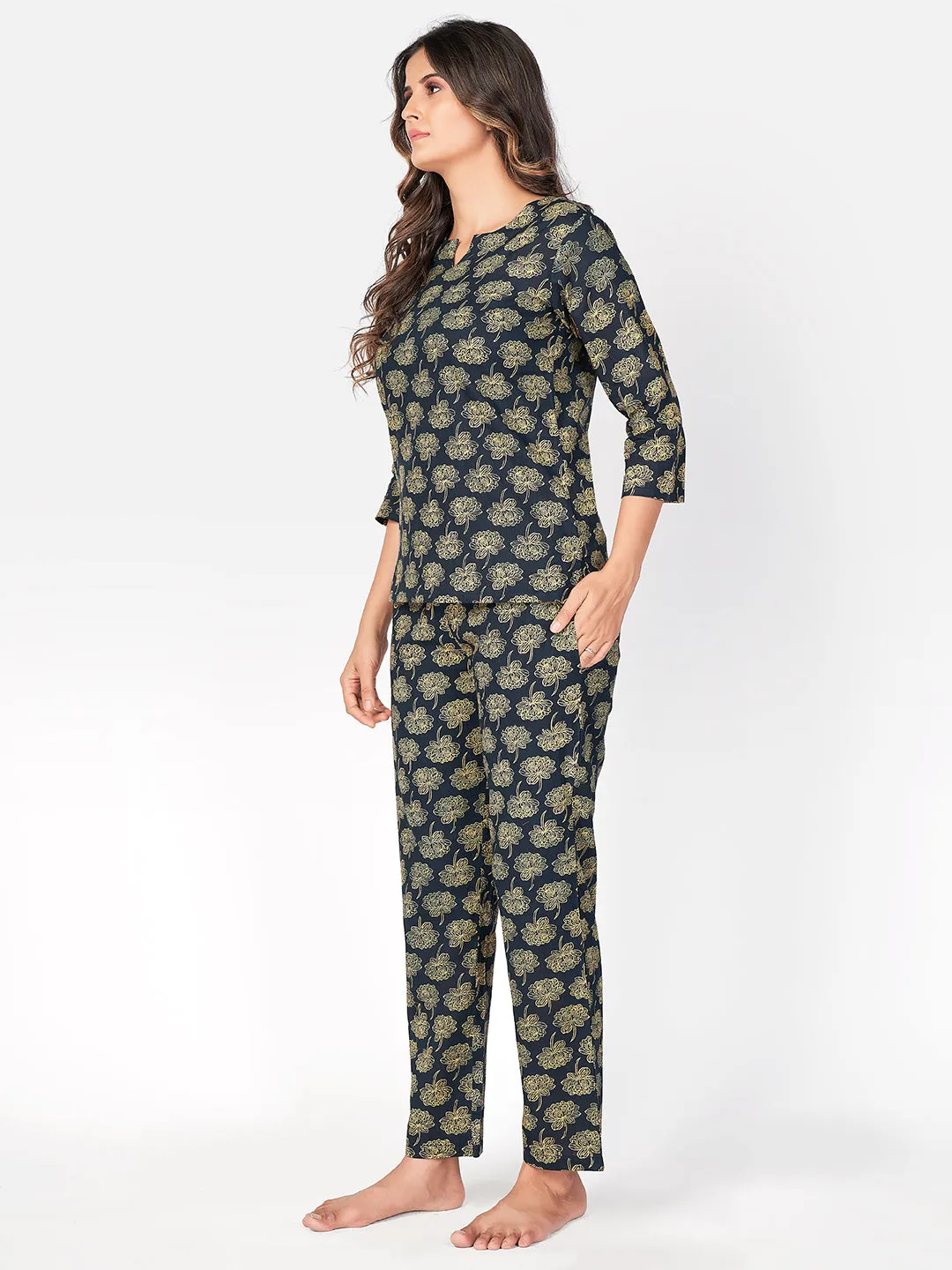 Women'S Floral Print  Cotton Navy Blue Night Suit Set