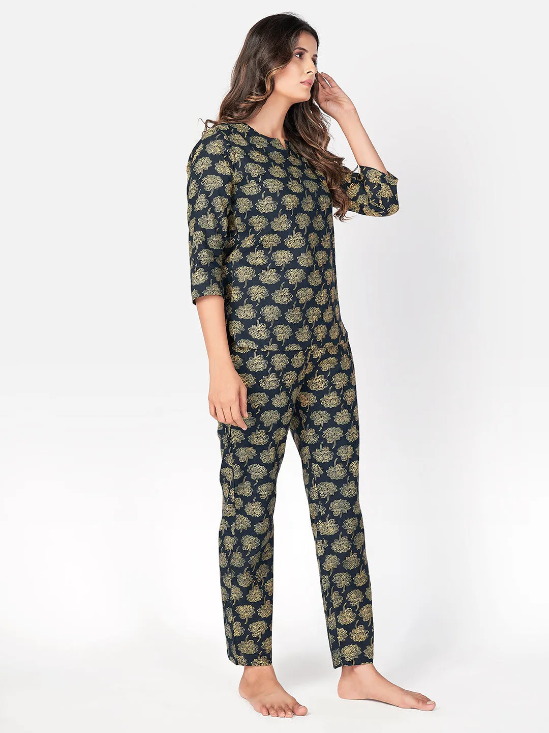 Women'S Floral Print  Cotton Navy Blue Night Suit Set