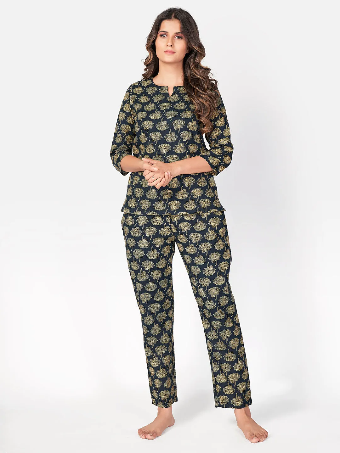 Women'S Floral Print  Cotton Navy Blue Night Suit Set