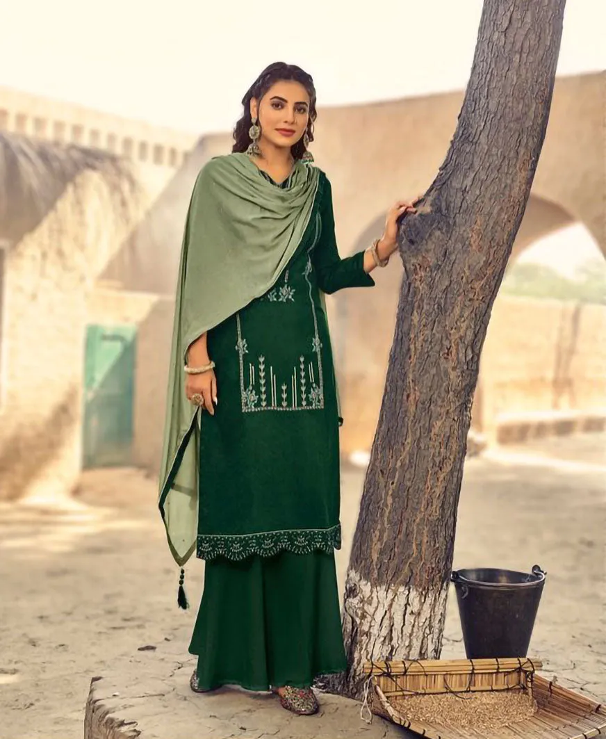 Women's Green Cotton Unstitched Dress Material Suit Set