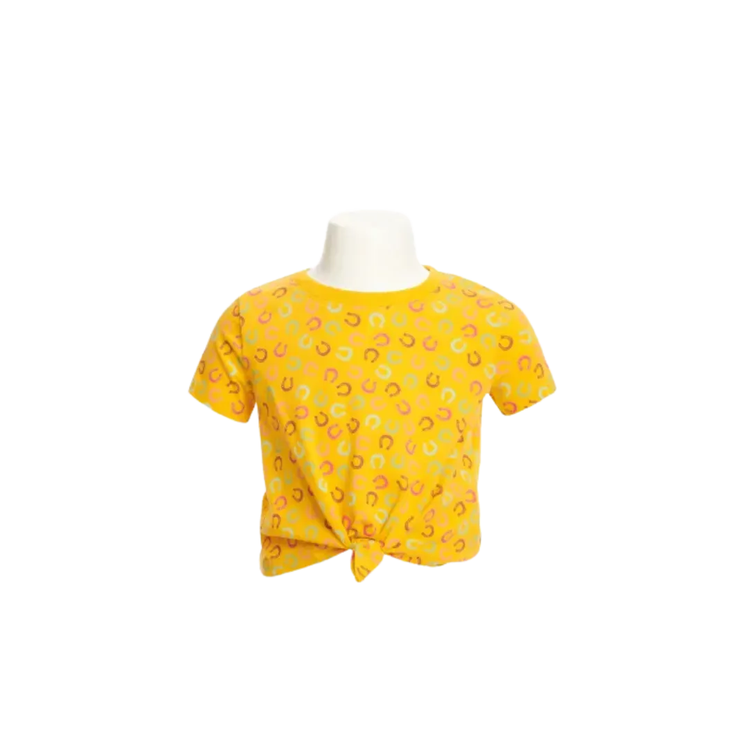 Wrangler Kid's Tie Front Short Sleeve Colorful Horseshoe Print Golden Yellow Shirt