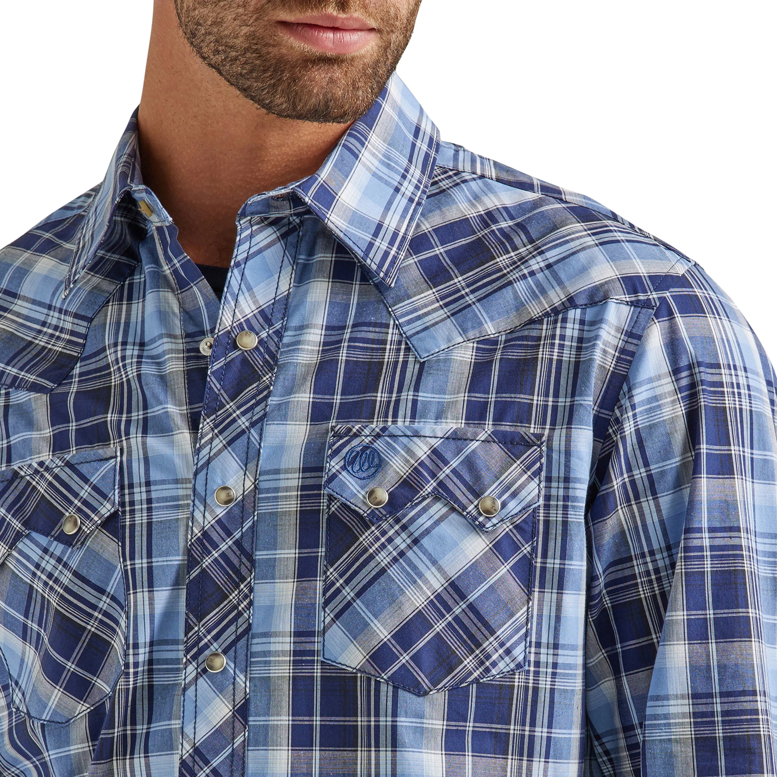 Wrangler Retro Blue/White Plaid Snap Western Shirt for Men